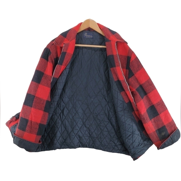 Vtg Brewster Jacket Mens XL Red Black Buffalo Plaid Flannel Wool Linen Quilted - Picture 4 of 16